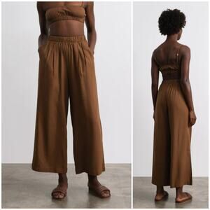 Ozma Silk Wide Leg Elastic Waist Brown Pants